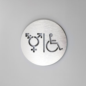 Gender neutral handicap accessible bathroom sign. Gender symbol sign. All gender restroom signs. Unisex toilet. Modern business sign.