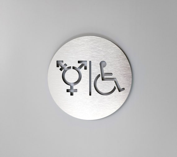 Gender neutral handicap accessible bathroom sign. Gender symbol sign. All gender restroom signs. Unisex toilet. Modern business sign.
