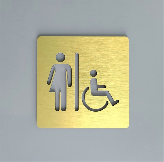 Square gender neutral bathroom sign. Unisex restroom sign. All Gender toilet. Gold. Silver. Modern office signs.