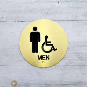 ADA Men restroom sign. Handicap accessible men's bathroom. ADA compliant bathroom signs. Tactile Braille signs.