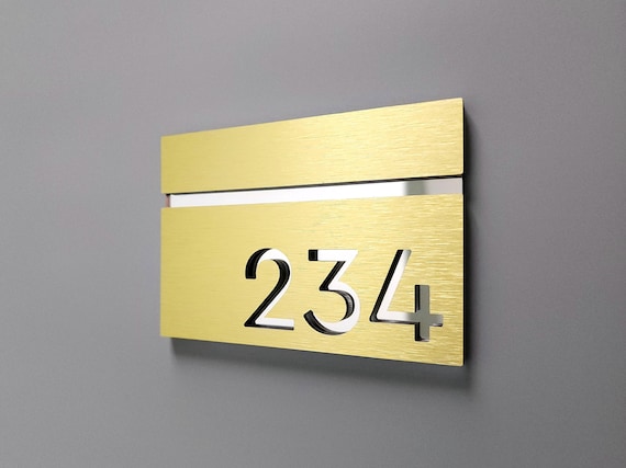 Gold door number sign. Custom number plaque for apartments and hotel rooms. Number signs. Door number plates. Room numbers.