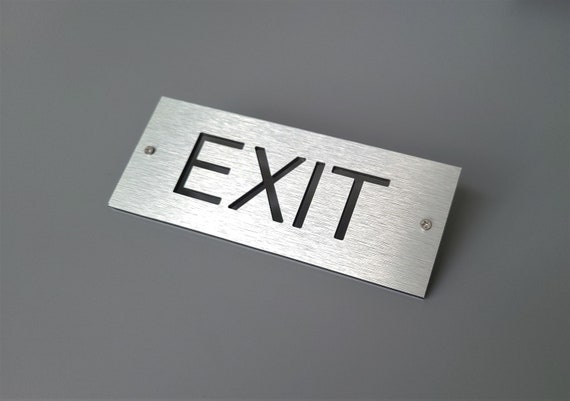 Aluminum exit sign. Metal exit door sign. Safety business sign.