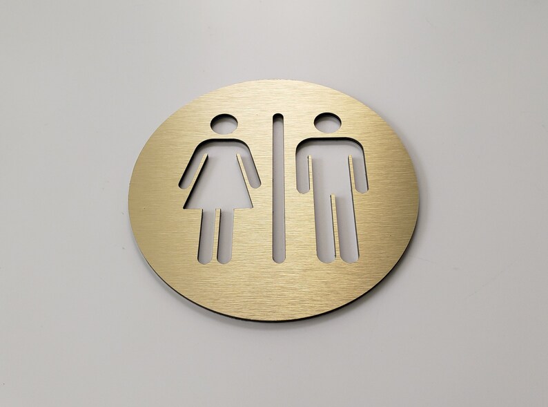 Restroom door sign metal. Unisex bathroom sign gold. All Etsy