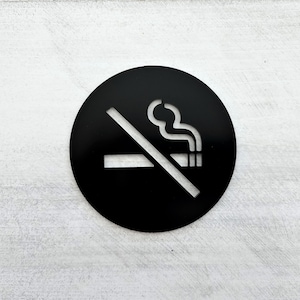 May include: Black and white no smoking sign with a cigarette and smoke crossed out. The sign is round and has a white background.