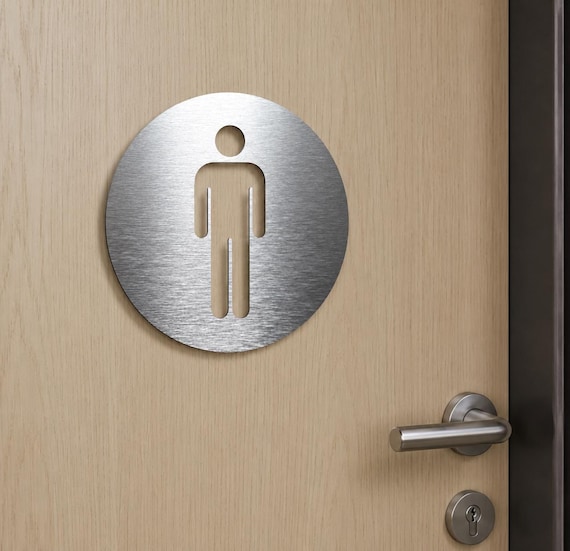 Male bathroom sign. Metal restroom door sign. Men's toilet. Modern business signage. Gold. Silver.