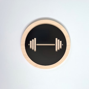 GYM sign with dumbbell. Barbell sign. Fitness center signs. Training room.