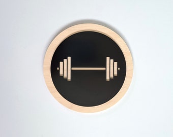 GYM sign with dumbbell. Barbell sign. Fitness center signs. Training room.