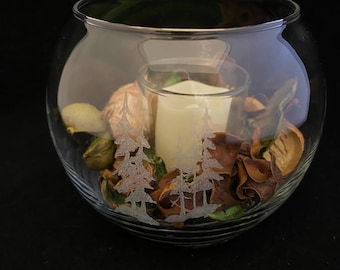 Hand Etched Glass Bubble Candle Holder- evergreen trees