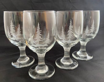 Pine Trees- Hand etched goblets- set of four 02