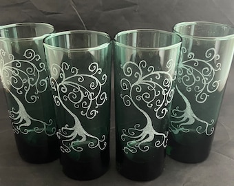 Stylized tree of life-Set of 4 hand etched green cocktail/water glasses.