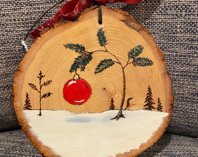 Featured listing image: Hand painted tree and ornament on a basswood tree slice.  04