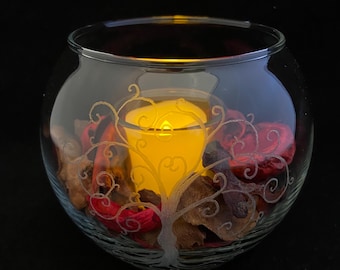 Hand Etched Glass Bubble Candle Holder- tree of life