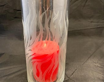 Hand etched candle holder- flame motif