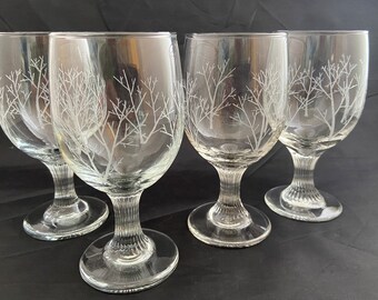 Stylized Trees-Hand etched goblets- set of four