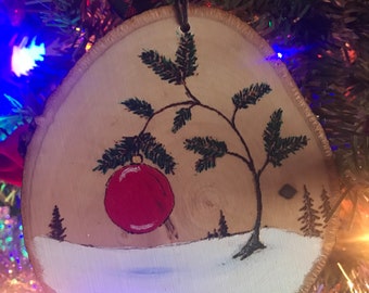 Hand painted tree and ornament on a birch tree slice.  01