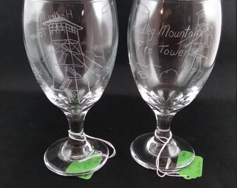 Hand etched Hadley Fire Tower in Hadley NY on a glass goblet.