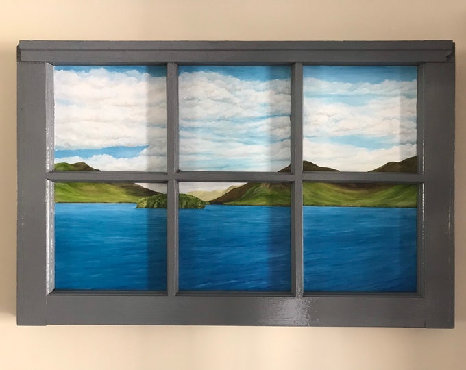 Featured listing image: Lake George-Towards the Narrows II -oil painting on an antique window.