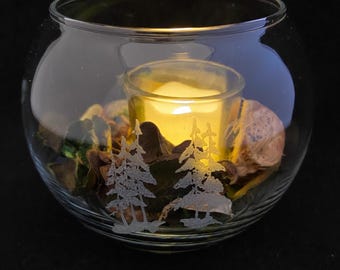 Hand Etched Glass Bubble Candle Holder- evergreen trees 02