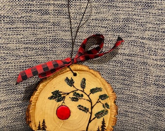 Hand painted tree and ornament on a basswood tree slice.  05