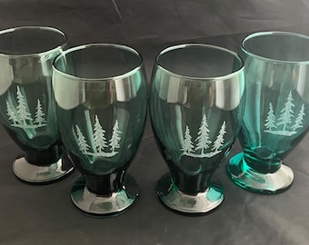Pine Trees- Set of 4 hand etched green wine/water glasses. 01