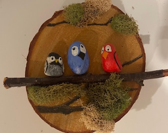 Pebble Art- chickadee, blue bird, and cardinal