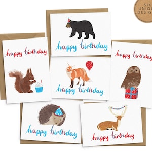 A pack of 6 animal themed birthday cards including a bear wearing a party hat, a squirrel eating a cupcake, a fox with a balloon, and owl on a present, a hedgehog wearing a party hat and a deer with birthday bunting. With recycled envelopes.