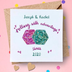 Personalised Gamer Wedding Card -Rolling With Advantage Engagement Card - Custom Dungeons D20 Anniversary Card - Nerd Couple Valentines Card