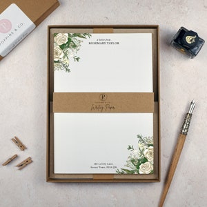 x20 Writing Paper Set (Personalised) - White Rose & Rosemary Writing Paper - Custom Letter Paper - Floral Stationery - Mothers Day Gift