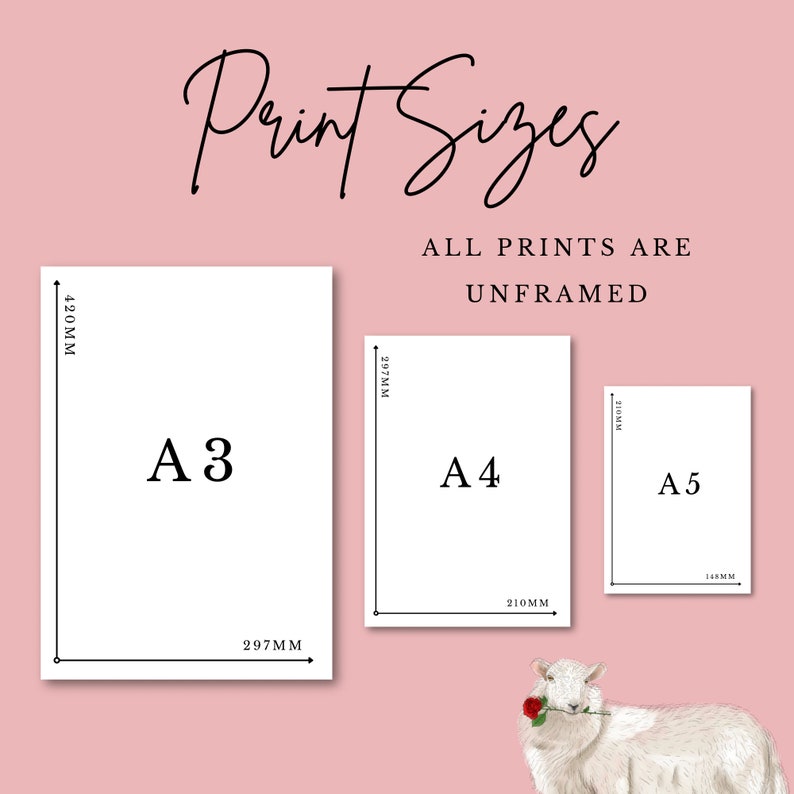 May include: Print sizes graphic on a pink background. The text reads "Print Sizes" in cursive, with "All prints are unframed" below. Three white paper sizes are shown: A3 (297mm x 420mm), A4 (210mm x 297mm), and A5 (148mm x 210mm).