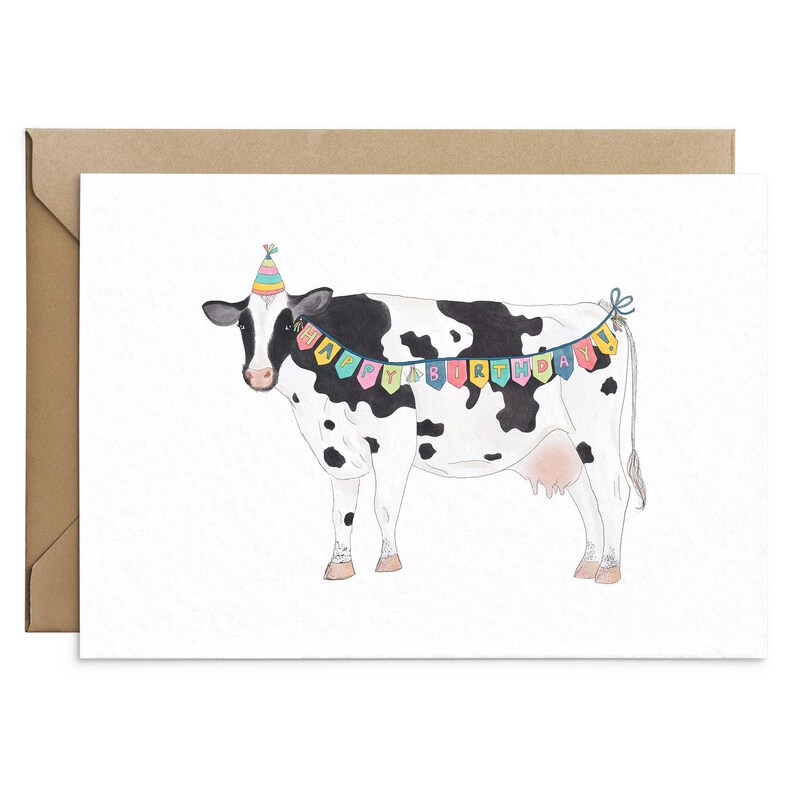 May include: A black and white cow wearing a colorful party hat and a banner that says "Happy Birthday!"