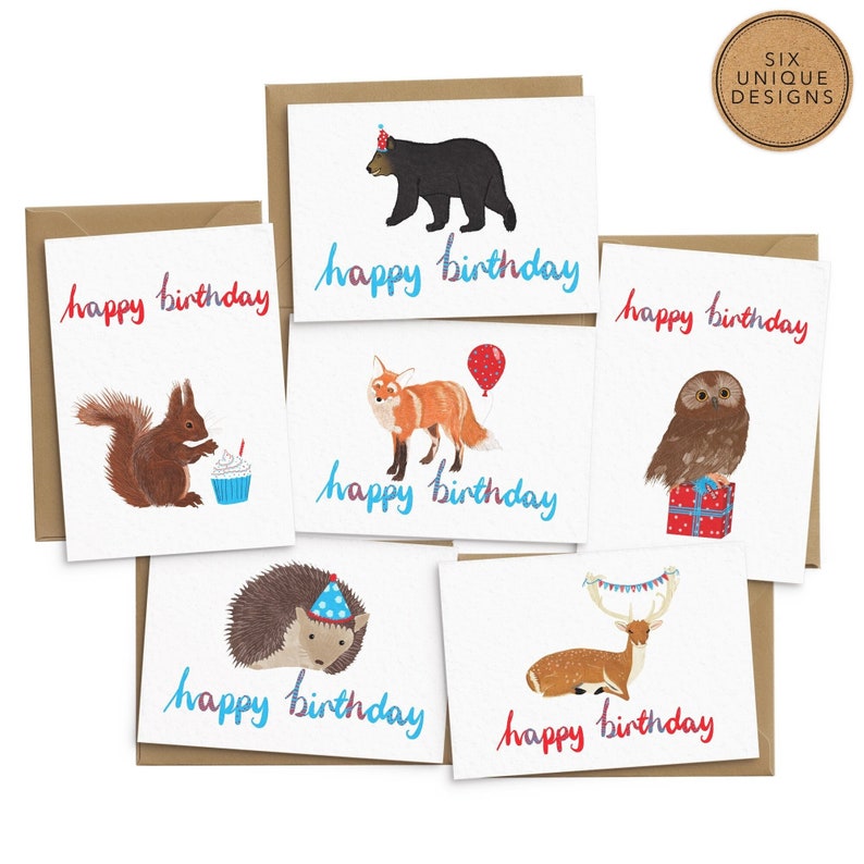 A pack of 6 animal themed birthday cards including a bear wearing a party hat, a squirrel eating a cupcake, a fox with a balloon, and owl on a present, a hedgehog wearing a party hat and a deer with birthday bunting. With recycled envelopes.