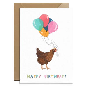 May include: A brown chicken wearing a party hat holds onto a bunch of colorful balloons that say "Happy Birthday!"