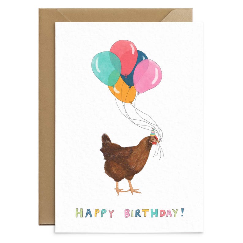 May include: A brown chicken wearing a party hat holds onto a bunch of colorful balloons that say "Happy Birthday!"