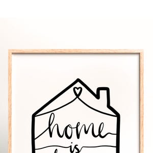 May include: A framed print with the words "home is" in a handwritten font, inside a black house outline with a heart. The frame is a light wood color, and the background is white.