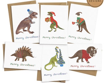 Dinosaur christmas cards - t-rex christmas card set - set of 6 - jurassic dino christmas cards - funny christmas cards