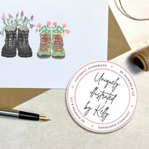 May include: An illustration of two pairs of hiking boots, one gray and one green with floral designs, each filled with flowers. A round sticker with the text "Uniquely illustrated by Kelly" is also visible.