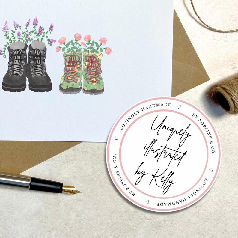 May include: An illustration of two pairs of hiking boots, one gray and one green with floral designs, each filled with flowers. A round sticker with the text "Uniquely illustrated by Kelly" is also visible.