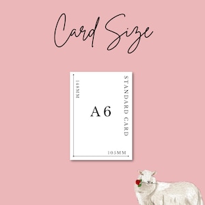 May include: A6 standard card with dimensions of 105mm x 148mm, displayed on a pink background. The text "Card Size" is written in a cursive font. A sheep with a red rose in its mouth is in the bottom right corner.