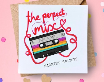 Personalised Wedding Card For Music Couple - The Perfect Mix Congratulations Card -  Retro Cassette Mix Tape Card - Colourful Elopement Card