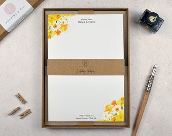 Personalised Writing Paper Set - Yellow Daffodil Stationery Set - Spring Floral Letter Paper - Add Envelopes and Gift Box