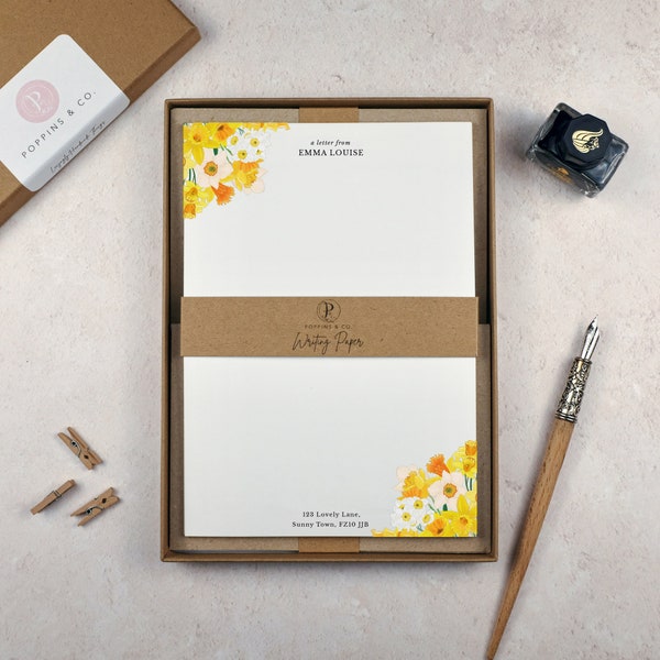 Personalised Writing Paper Set - Yellow Daffodil Stationery Set - Spring Floral Letter Paper - Add Envelopes and Gift Box