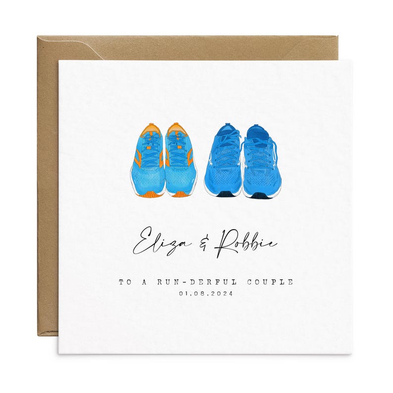 May include: A white card with a blue and orange illustration of two running shoes. The text "Eliza & Robbie" is written in cursive. The text "To a run-derful couple" and "01.08.2024" is printed below the illustration.