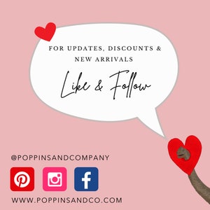 May include: Pink background with a white speech bubble that says "For updates, discounts & new arrivals Like & Follow" with a red heart at the top. Below the speech bubble is the text "@poppinsandcompany" and social media icons for Pinterest, Instagram, and Facebook. The text "www.poppinsandco.com" is at the bottom of the image. A red heart with a brown dinosaur inside is on the right side of the image.