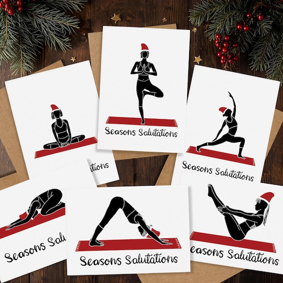 Yoga Christmas Cards - Yoga Pose Christmas Cards Set of 6 - Funny Fitness Card - Downward Dog Card - Christmas Tree Pose Card - Salutations