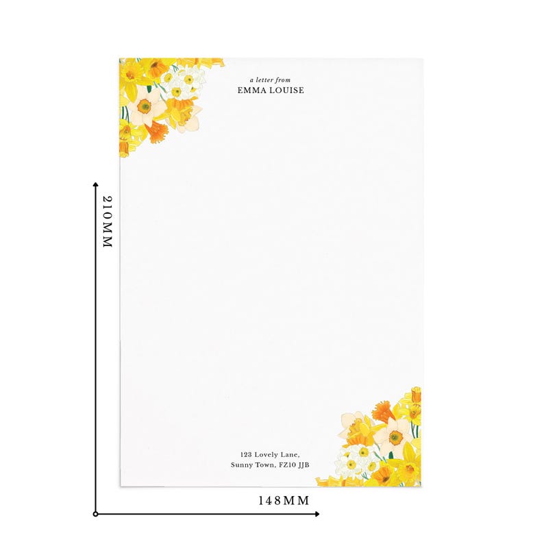Personalised Writing Paper Set - Yellow Daffodil Stationery Set - Spring Floral Letter Paper - Add Envelopes and Gift Box No thank you