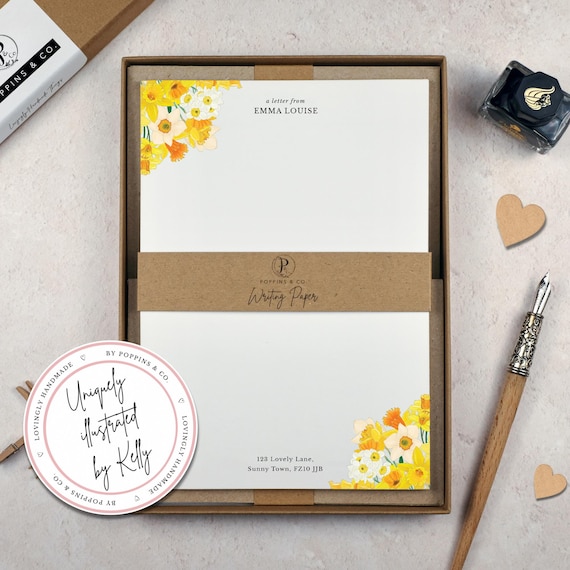 Personalised Writing Paper Set - Yellow Daffodil Stationery Set - Spring Floral Letter Paper - Add Envelopes and Gift Box
