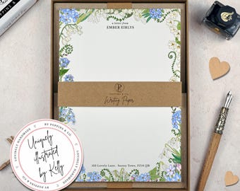 Pretty Floral Writing Paper Personalised - Flowers of Remembrance Letter Writing Set - Snowdrop and Forget Me Not Stationery - Add Gift Box