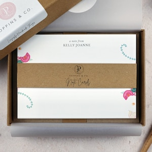 Personalised Note Cards - Pink and Green Floral Correspondence Cards - Handmade Stationery Gift Set A6 Cards -  Add Envelopes and Gift Box