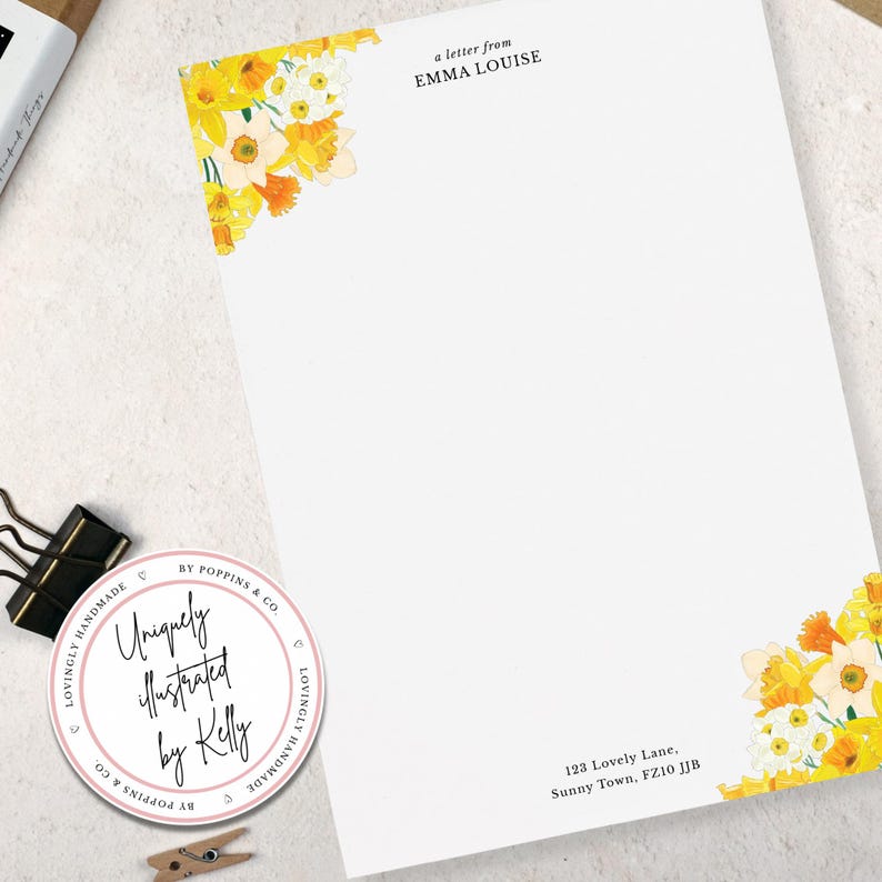 Personalised Writing Paper Set - Yellow Daffodil Stationery Set - Spring Floral Letter Paper - Add Envelopes and Gift Box image 3