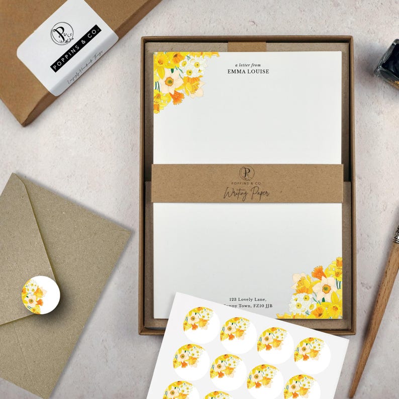 Personalised Writing Paper Set - Yellow Daffodil Stationery Set - Spring Floral Letter Paper - Add Envelopes and Gift Box image 2
